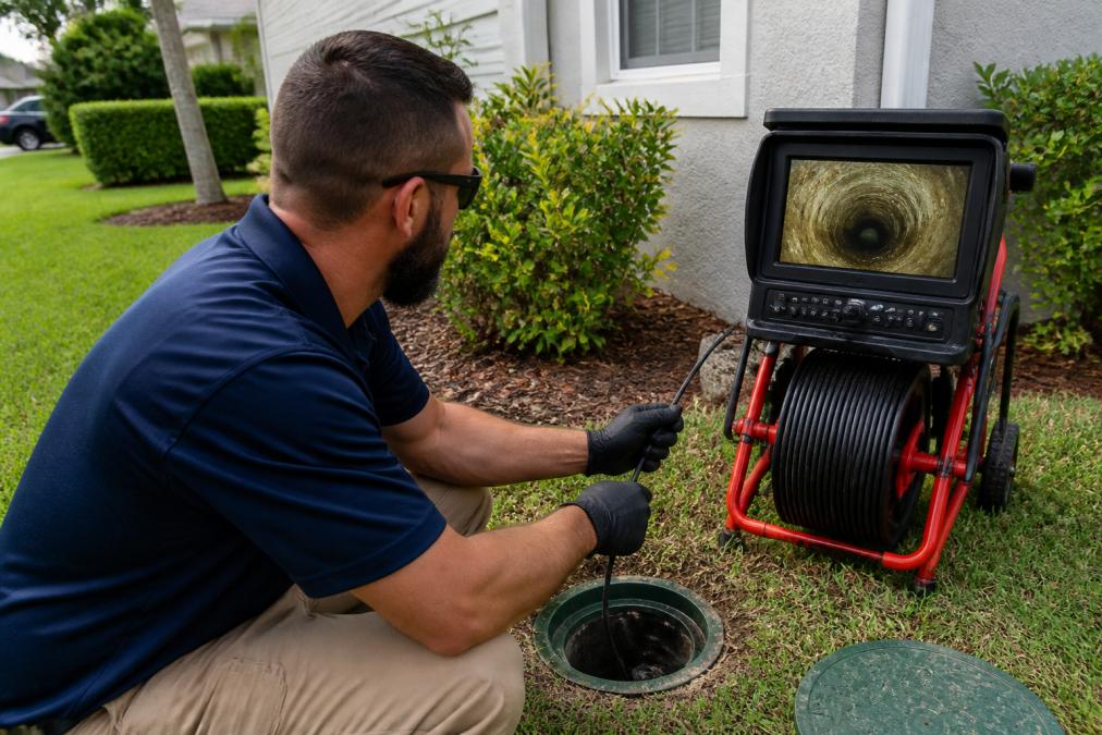 Professional plumber operating sewer camera equipment at a home's cleanout, displaying real-time video feed on a monitor showing underground pipe conditions with clear visibility of pipe interior