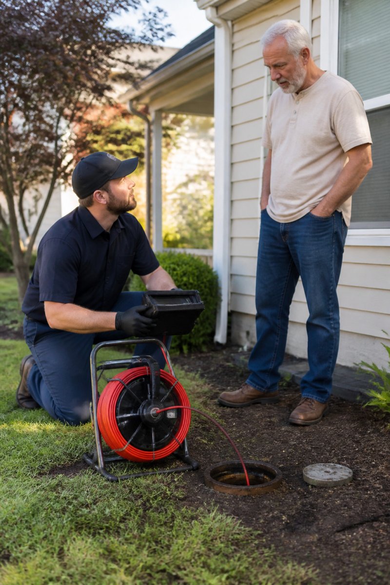 Professional technician operating a push-rod camera system outside a residential home, holding the control unit while cable extends toward a cleanout access point in the yard