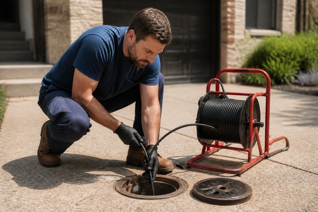 Plumber performing a sewer camera inspection by feeding a reel into a driveway clean-out while viewing the monitor.