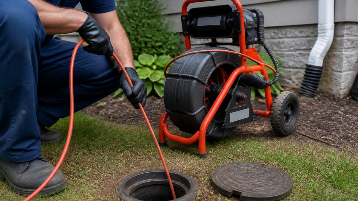 Professional plumber holding a sewer camera inspection device at a residential cleanout access point, feeding the flexible cable into the ground with focus on the equipment and the access opening