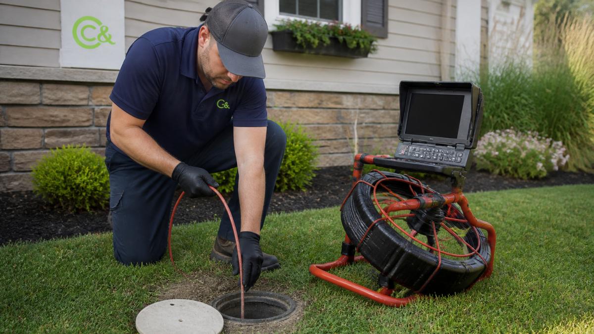 Professional plumber inserting a sewer camera inspection equipment into a cleanout access point in a residential yard, with monitoring equipment visible nearby