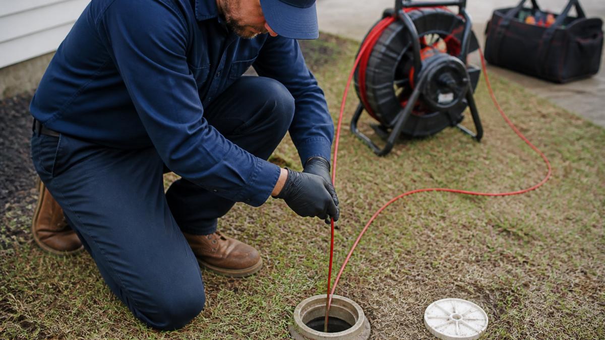 Professional plumber inserting a sewer camera probe into a cleanout access point for a sewer line inspection