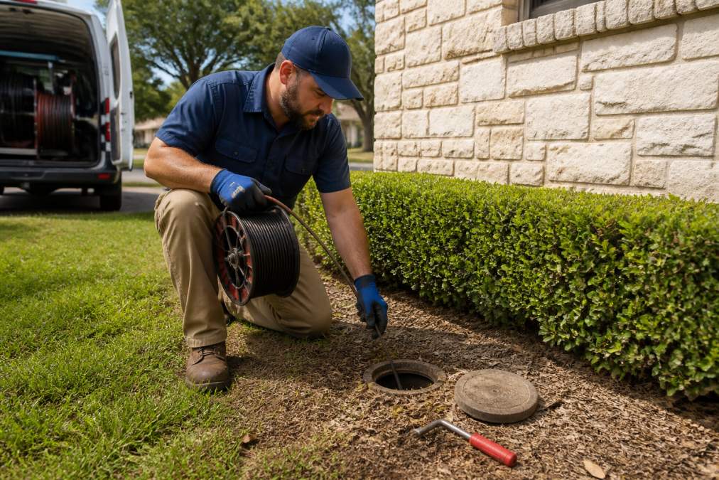 Professional plumber in work uniform holding video camera inspection equipment near a residential sewer cleanout, preparing to insert the camera line into the ground opening, morning sunlight