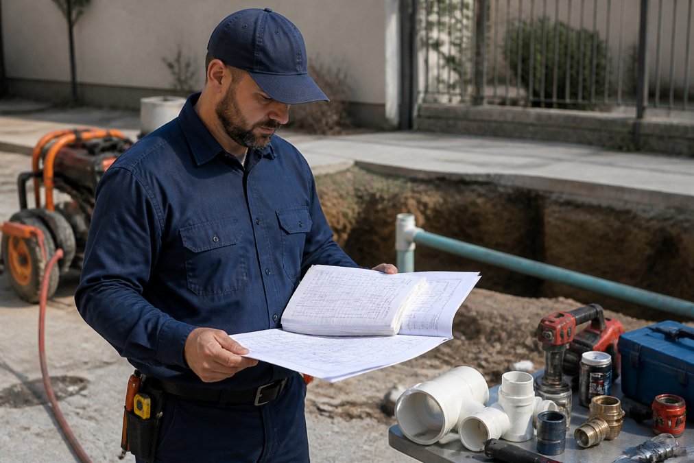 Licensed plumber in uniform reviewing sewer repair plans and permit documents at a job site, with tools and equipment visible in the background