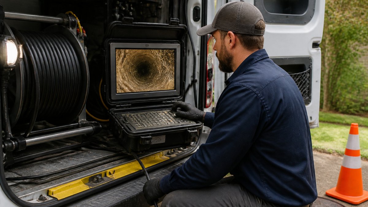 Professional technician operating sewer camera inspection equipment, viewing monitor displaying interior pipe with visible cracks and root intrusion, modern diagnostic van setting