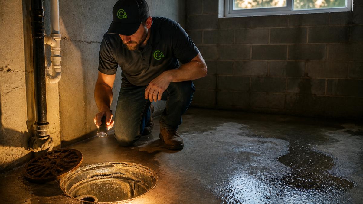 A homeowner kneeling beside an open basement cleanout with a flashlight, damp concrete floor, evening light through a small window