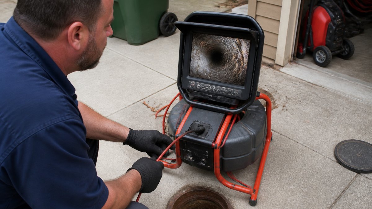 Professional plumber holding sewer camera scope probe with display monitor showing interior of drain pipe with visible tree root intrusion