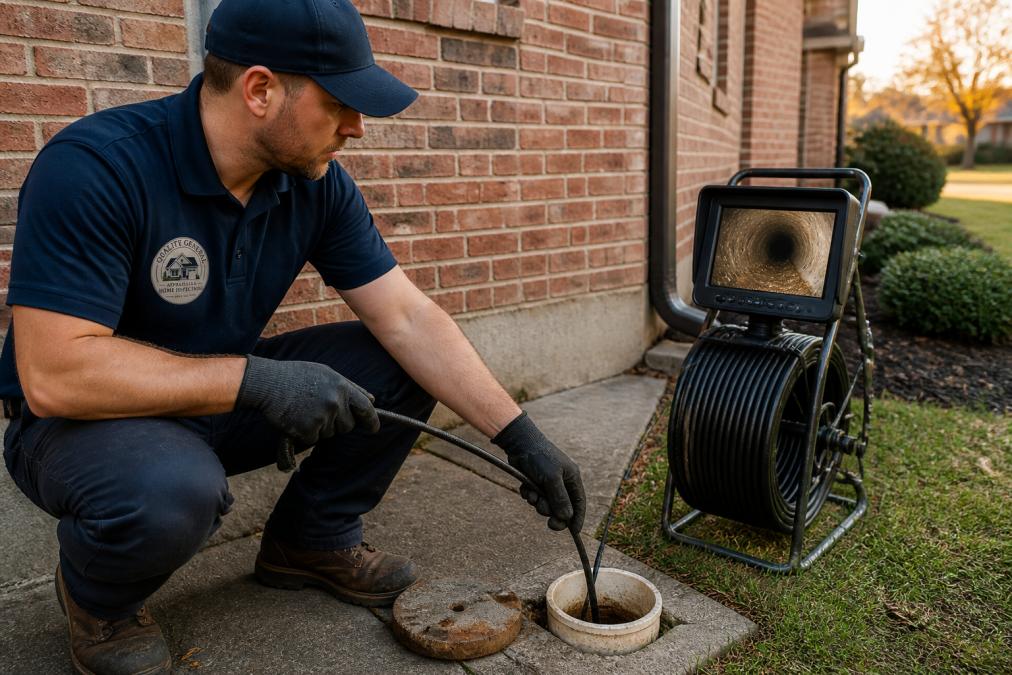 A home inspector in work clothes and gloves guiding a sewer camera reel through an outdoor cleanout access beside a brick home, with the monitor showing a live view of the pipe interior, late afternoon light
