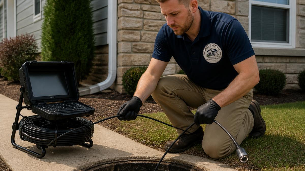 Professional inspector holding flexible sewer camera probe with monitor display, preparing equipment for sewer line inspection in residential setting