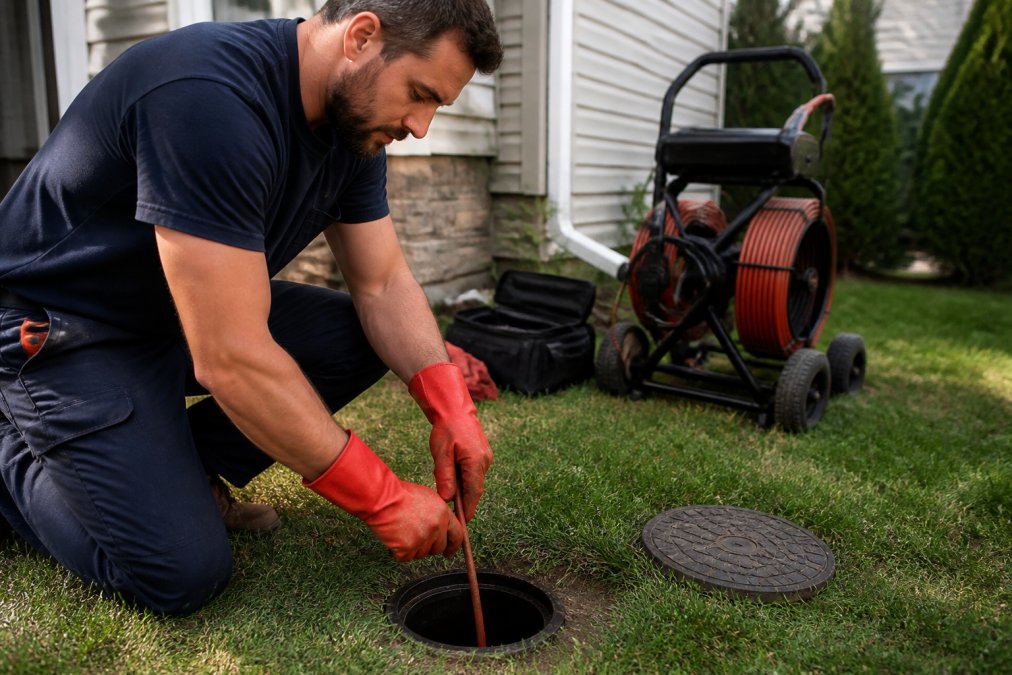 Professional plumber inserting a fiber optic camera probe into a ground-level sewer cleanout access point, with monitoring equipment and digital display visible in background during daytime