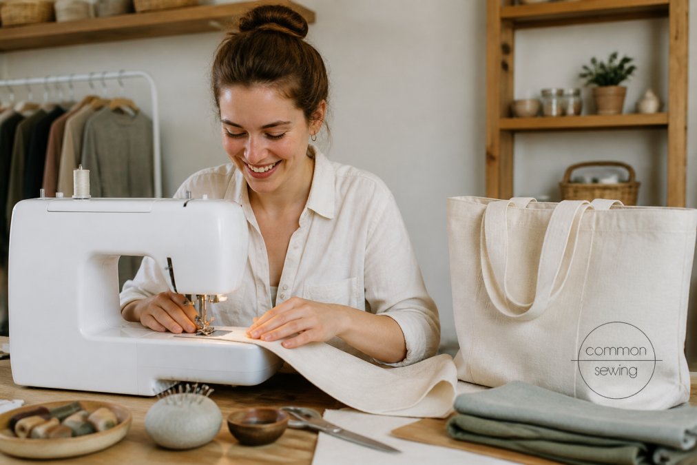 A beginner sewer at a home table, smiling while guiding fabric through a sewing machine, with a finished simple tote bag nearby
