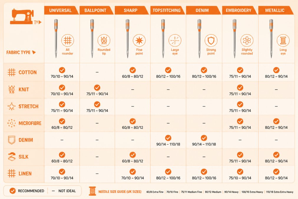 Comparison matrix showing needle types (Universal, Ballpoint, Sharp, Topstitching, Denim, Embroidery, Metallic) across fabric categories (Cotton, Knit, Stretch, Microfibre, Denim, Silk, Linen) with recommended sizes and key features