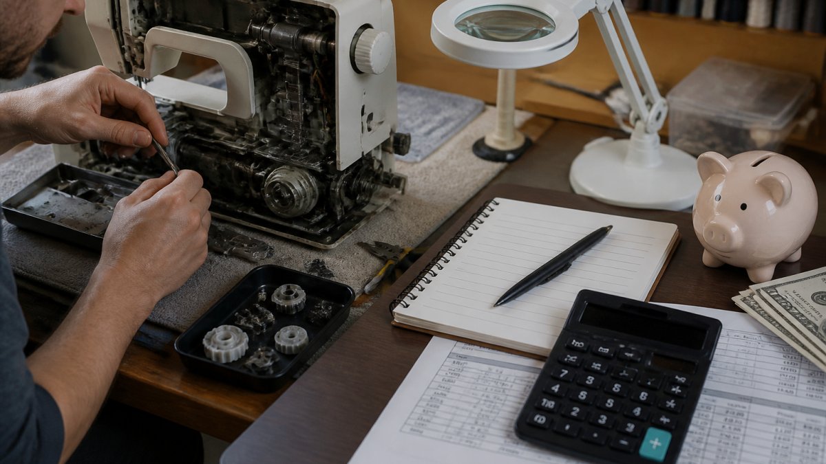Professional technician's hands working carefully on the internal mechanisms of a sewing machine, with precision tools, replacement parts, and a magnifying lamp on the workbench