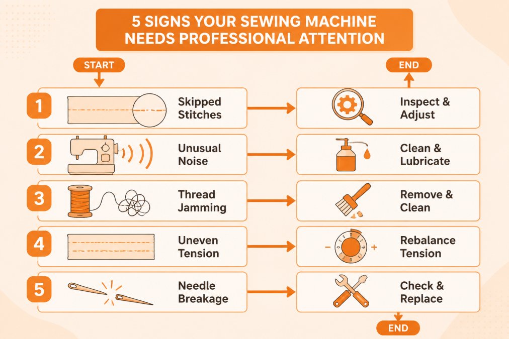 Flowchart showing common fault indicators: skipped stitches, unusual noise, thread jamming, uneven tension, needle breakage, each leading to a recommended action