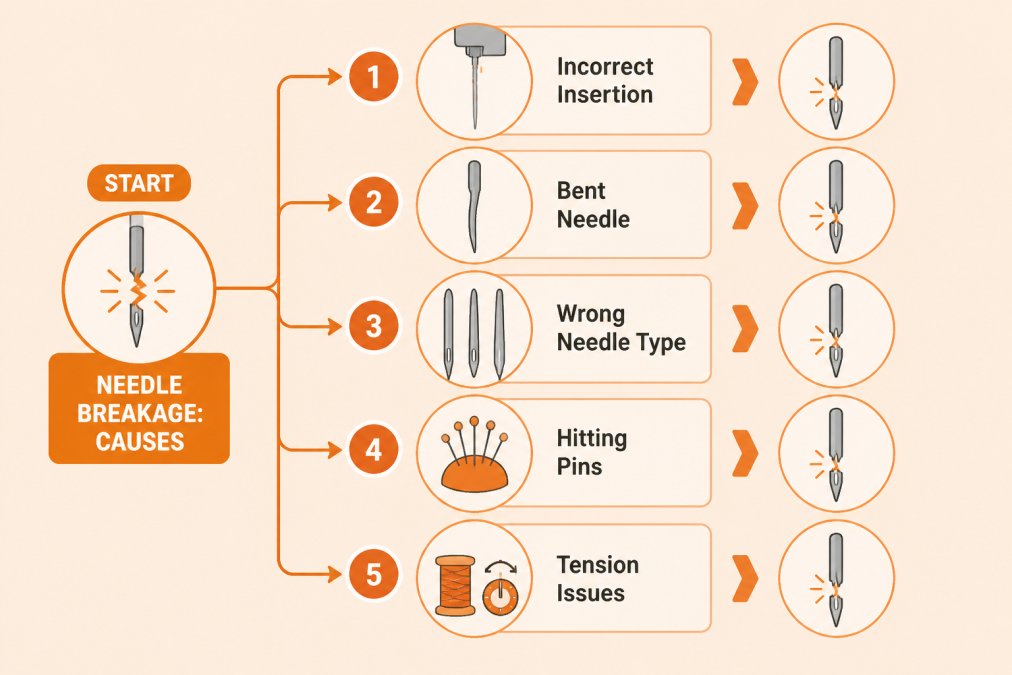 Flowchart showing 5 main causes of needle breakage: incorrect insertion, bent needle, wrong needle type, hitting pins, tension issues