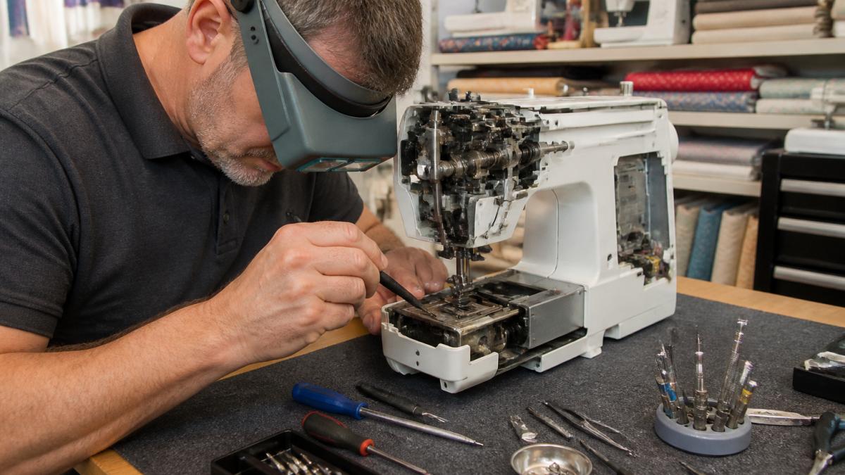 Professional repair technician using specialized magnification equipment and precision tools while working on internal sewing machine components at an organized workbench