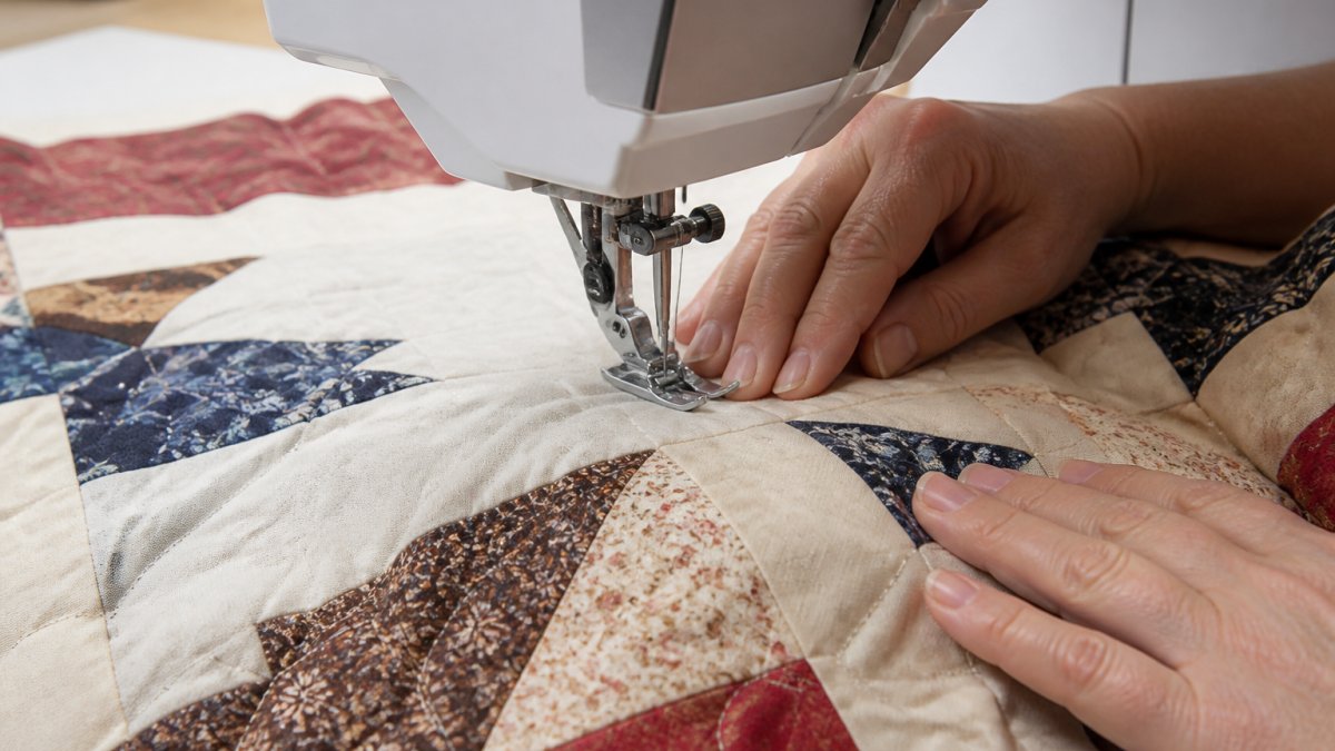 Close-up of hands guiding fabric with a quilt pattern through a sewing machine, showing precise stitching in progress with natural studio lighting