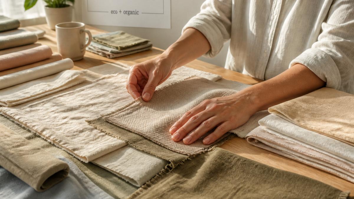 Infographic showing a guide to selecting sustainable fabric types like linen, hemp, and organic cotton for sewing.