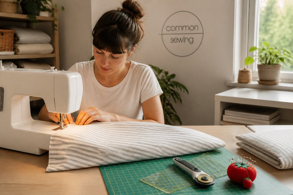 Step-by-step diagram for easy sewing project ideas featuring a beginner stitching a straight pillowcase seam
