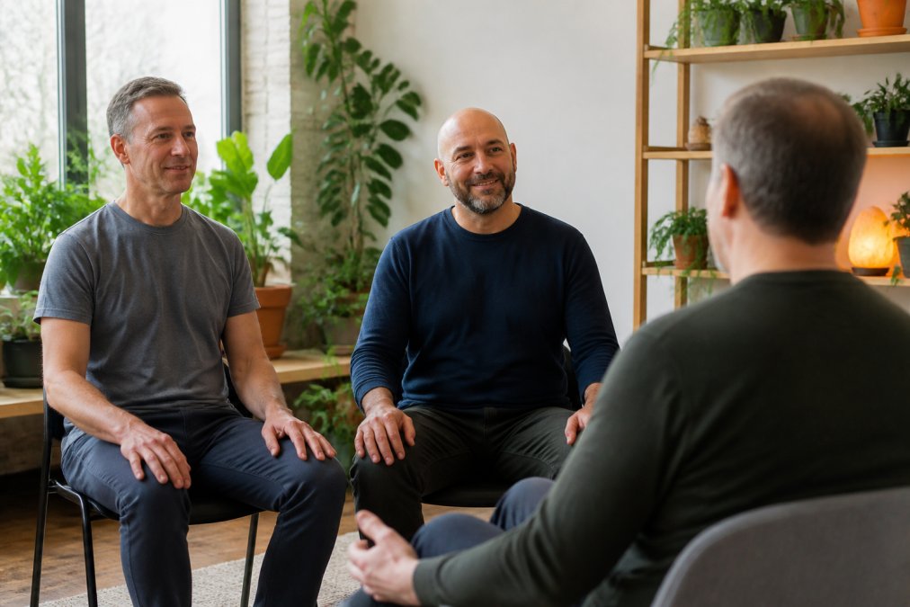 Two men in their late 40s sitting across from a coach in a bright, plant-filled studio, engaged in a calm, grounded conversation with their hands resting on their knees