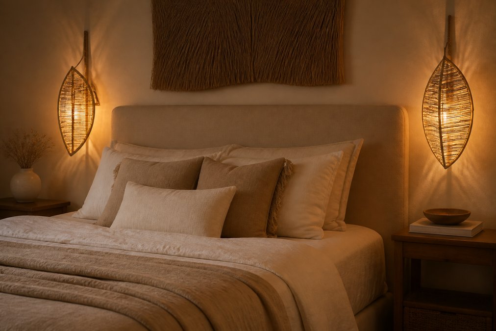 Slaapkamer met warm wit licht dat zachte, gouden schaduwen werpt op beddengoed en wanden, met bedlampjes aan beide zijden van het bed die een rustgevende ambiance creëren