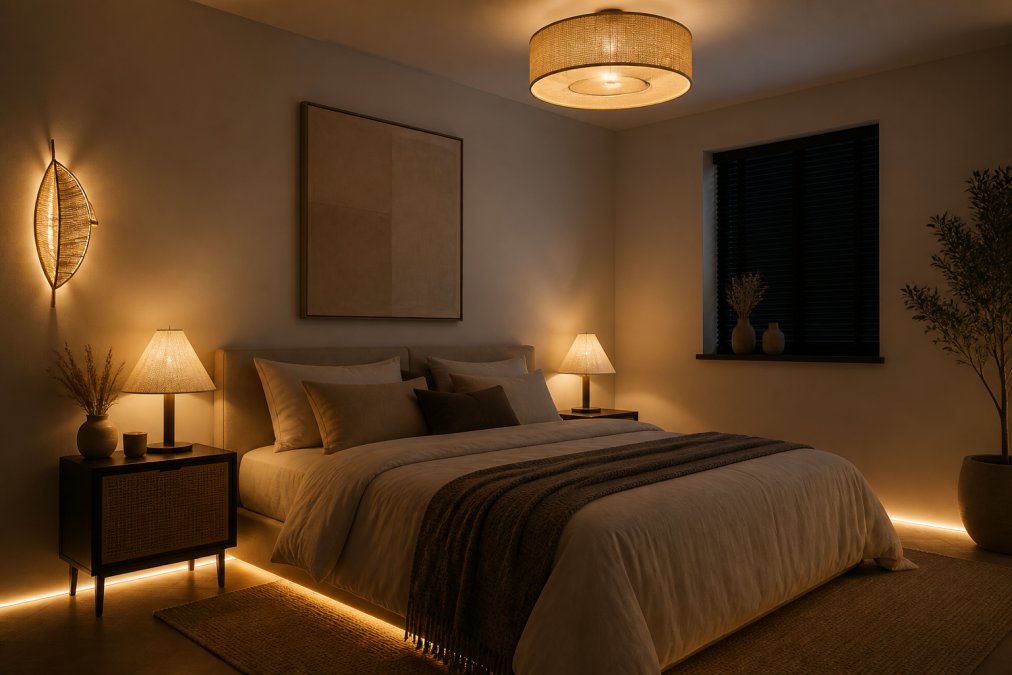 Close-up van verschillende armaturen in een slaapkamer: een moderne plafondlamp, twee bedlampjes aan beide zijden, een wandlamp en LED-strips langs de plint die zacht gouden licht werpen