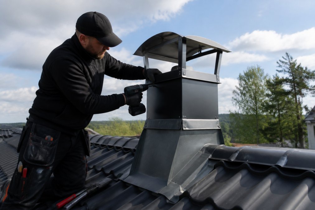 En håndverker i arbeidstøy som monterer en spesialtilpasset pipehatt i metall på et tak, med verktøy og beslag tydelig synlige i dagslys
