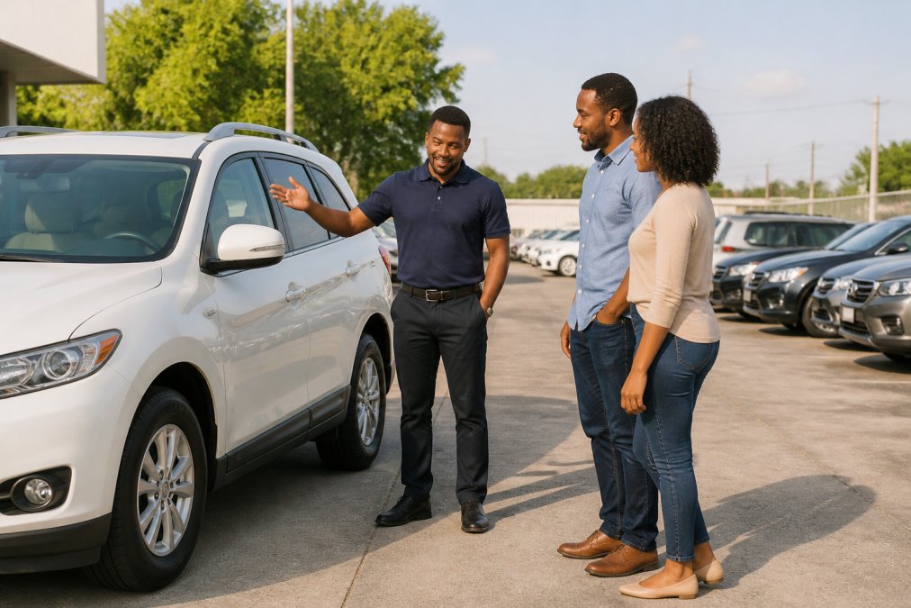 A friendly sales representative showing a pre-owned SUV to a couple on a bright, well-maintained dealership lot in Houston, warm afternoon sunlight
