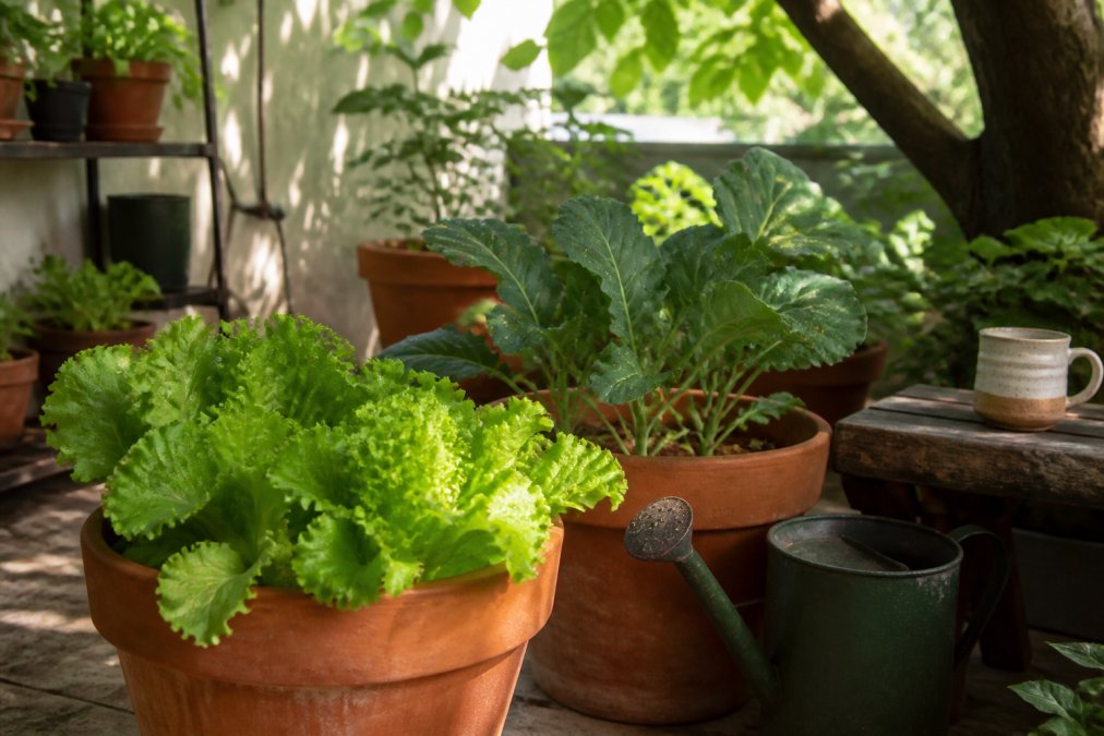 Container garden with Tom Thumb lettuce and broccoli raab seedlings growing in terracotta pots on a shaded patio, dappled sunlight filtering through oak tree leaves onto the leafy green foliage