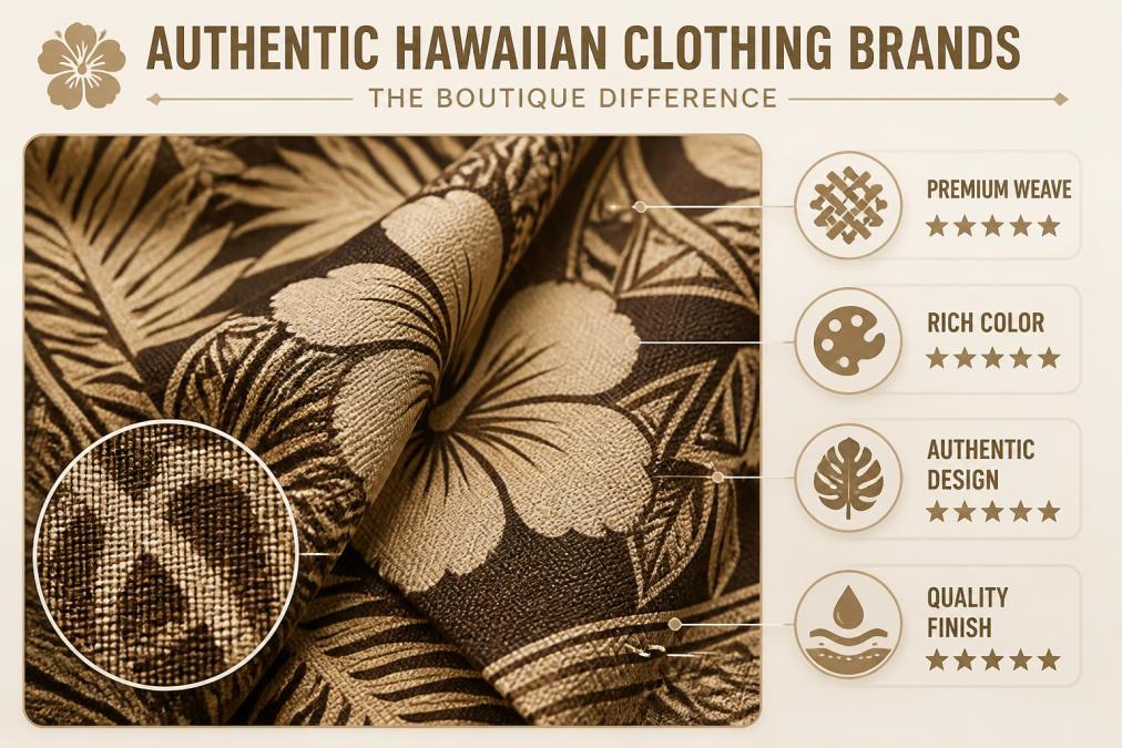 Close-up of vibrant aloha print fabric showing intricate textile patterns in rich jewel tones and traditional Hawaiian motifs, highlighting detailed weave structure and premium color saturation
