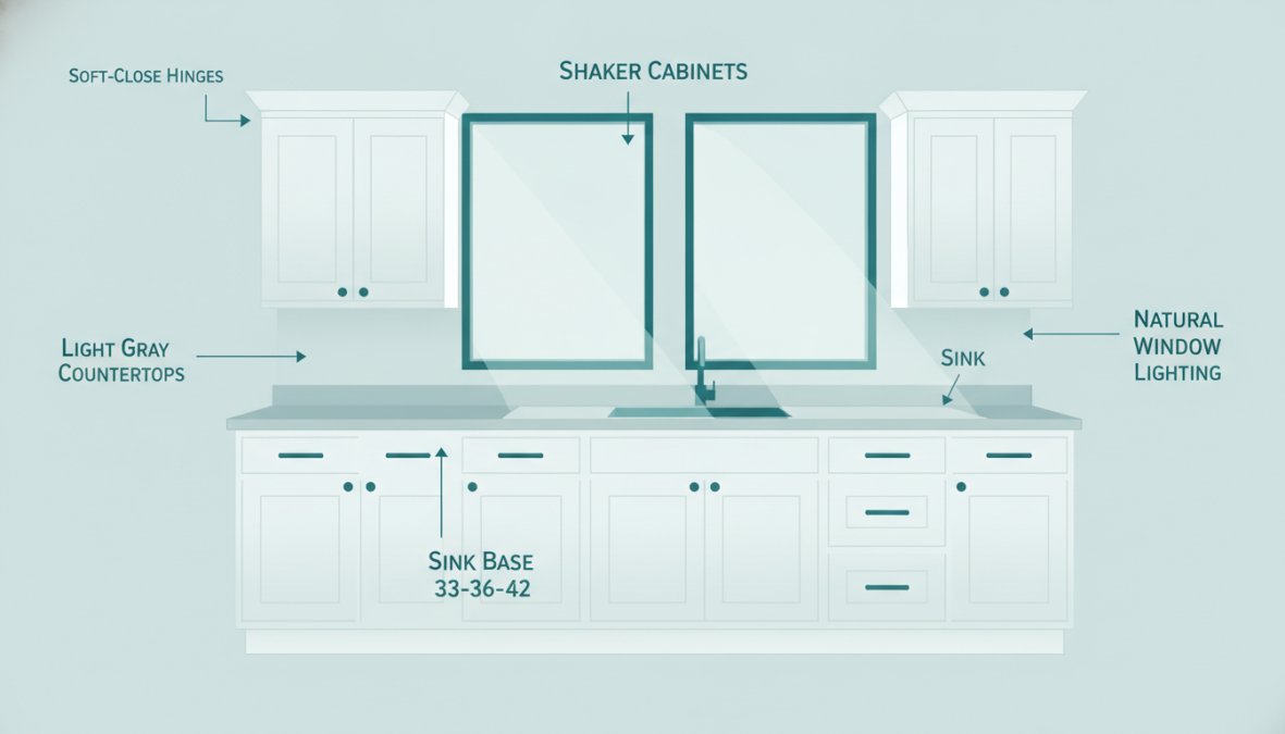 Contemporary kitchen featuring white shaker cabinets with soft-close hinges, paired with modern stainless steel hardware and light gray countertops under natural window lighting