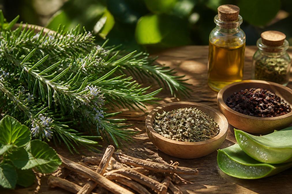 Close-up of fresh rosemary sprigs and botanical ingredients arranged on a natural wooden surface with soft morning sunlight casting gentle shadows