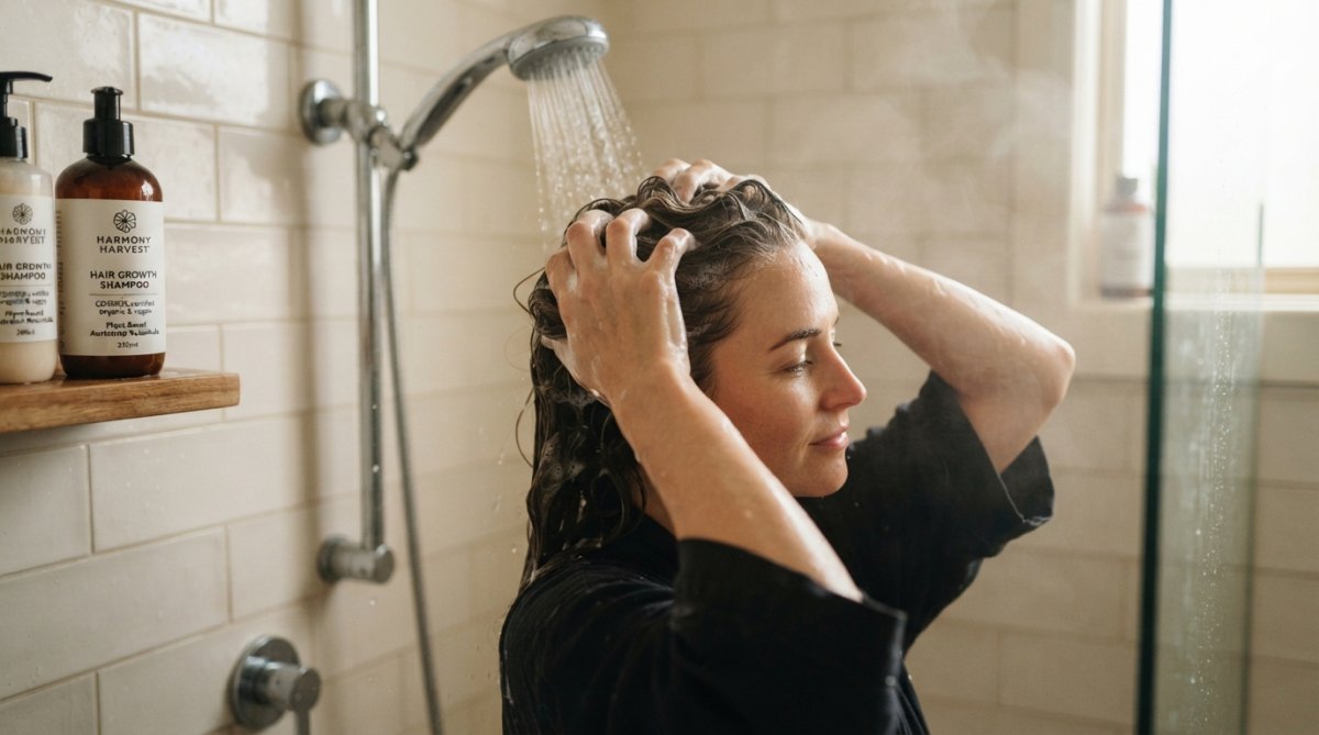 Person using fingertips to massage scalp with shampooing motions under warm water, with focused attention on the crown area, natural bathroom lighting