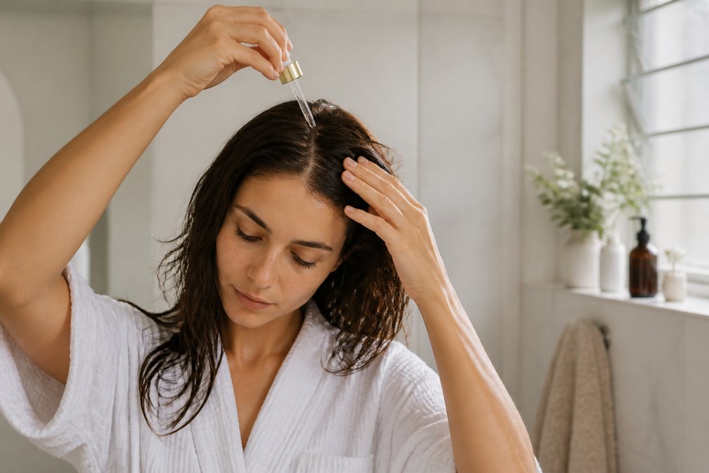 A woman with damp hair gently applying a few drops of soothing scalp oil along her parting with her fingertips, standing in a bright, calm bathroom with natural light and a soft towel nearby