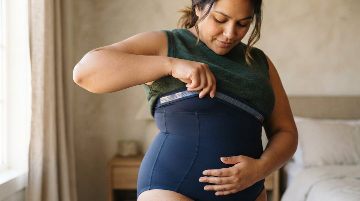 Close-up of a plus-size woman smoothing the waistband of high-waisted shapewear, showing the silicone grip band detail on the inner edge, shot in warm natural light against a neutral background