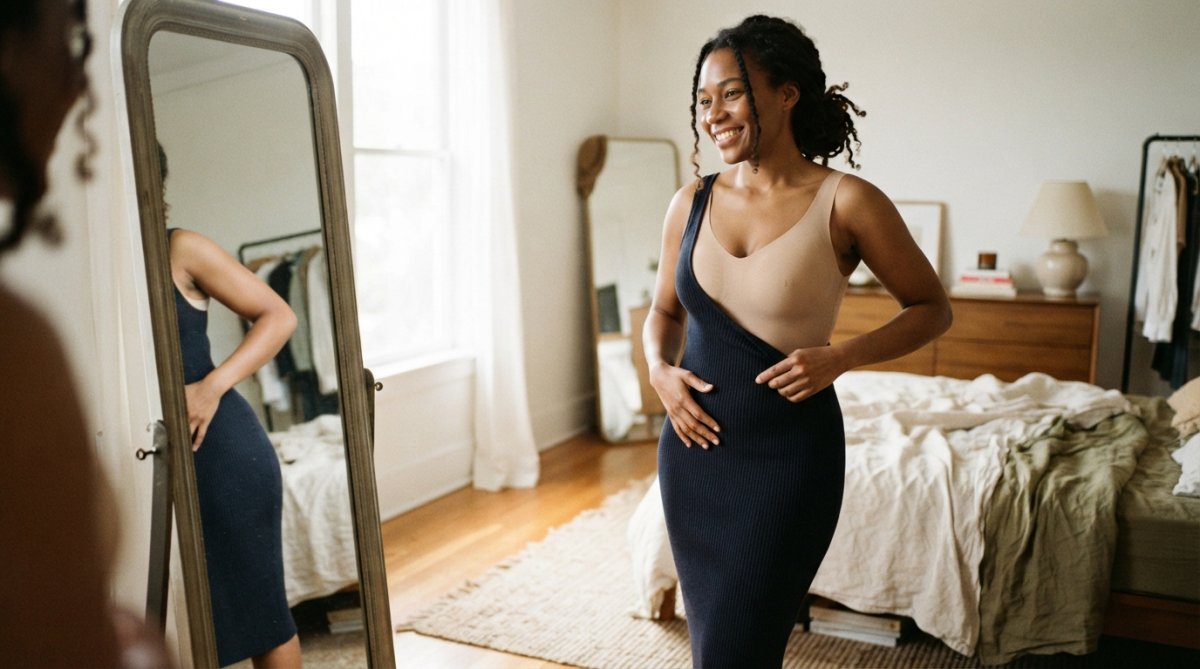 Woman smiling in a mirror while trying on a seamless nude bodysuit for daily smoothing under a fitted dress