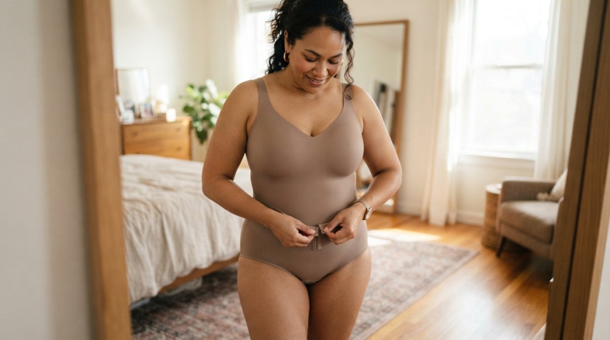 A plus-size woman in a neutral-toned bodysuit shaper standing confidently in a well-lit bedroom, adjusting the front hook closure of her shapewear with a relaxed, assured expression