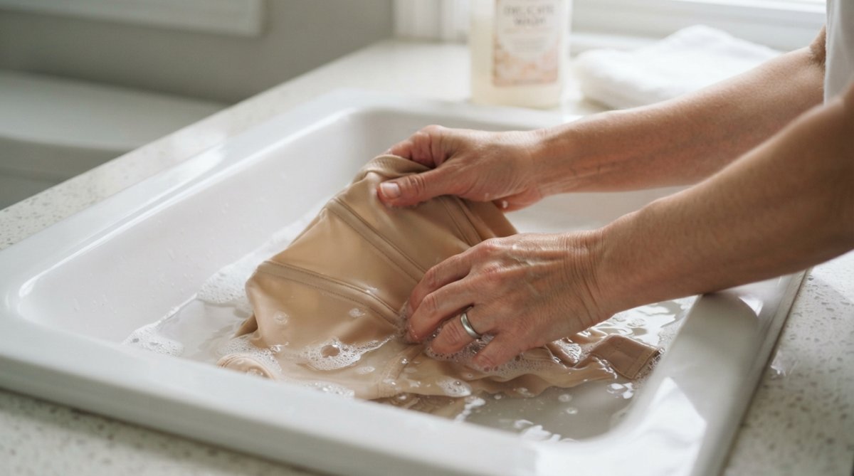 Close-up of hands gently hand-washing a beige shapewear bodysuit in a clean white sink with mild soap and water, showing careful garment care technique