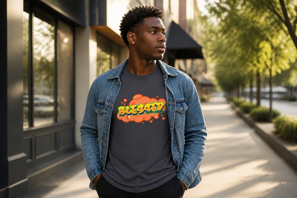 Young adult wearing a faith-inspired tee layered under a casual denim jacket in a relaxed outdoor urban setting, demonstrating how to style faith apparel for everyday wear with natural afternoon lighting