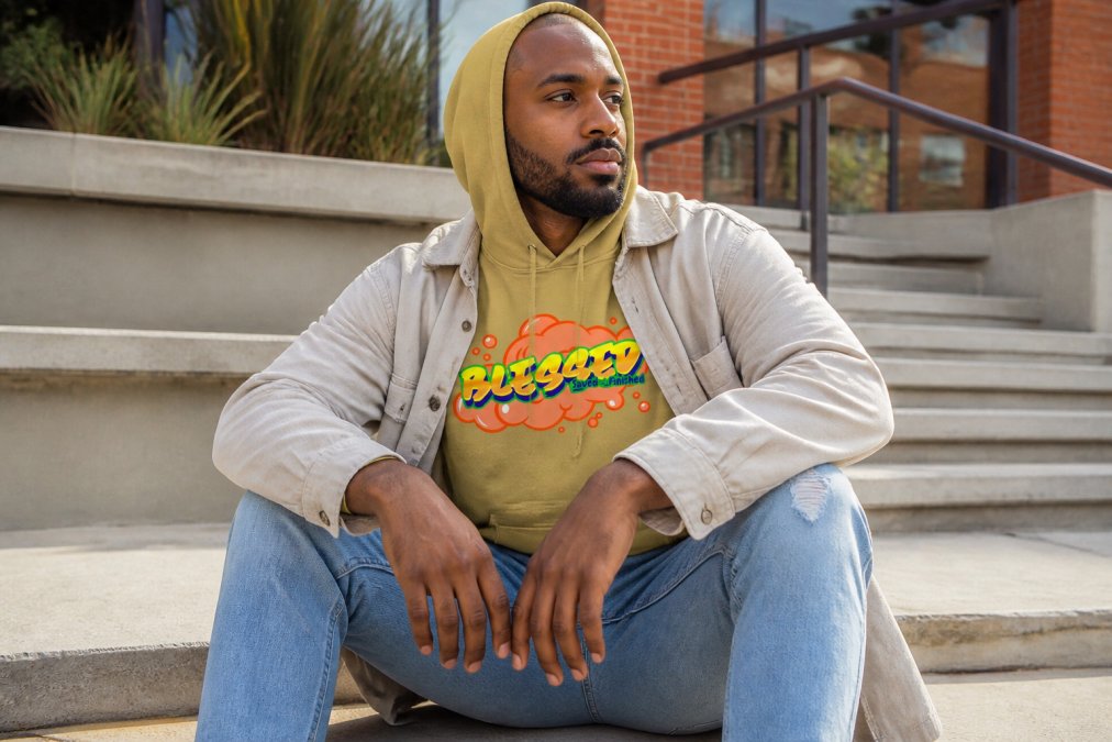 Close-up of a person wearing a blessed hoodie paired with complementary streetwear pieces like a casual overshirt and fitted jeans, showing how faith-based apparel integrates into a complete outfit with natural lighting