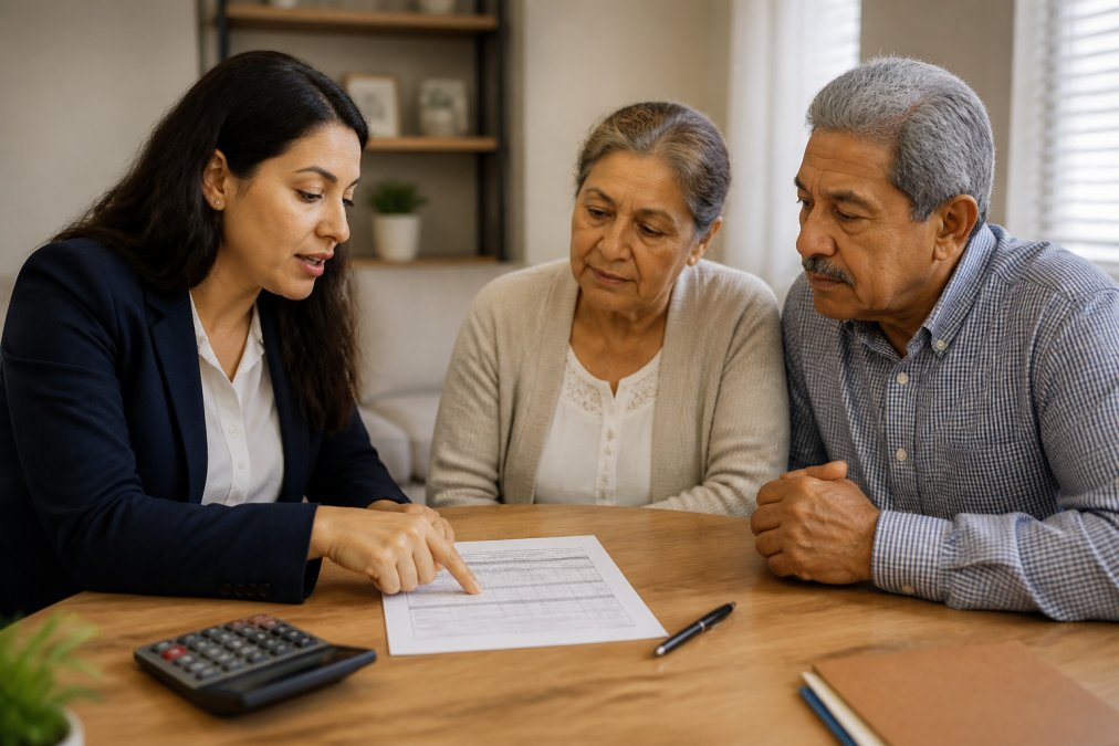 Insurance agent helping a couple calculate their share of cost using a Medi-Cal worksheet at an office desk.
