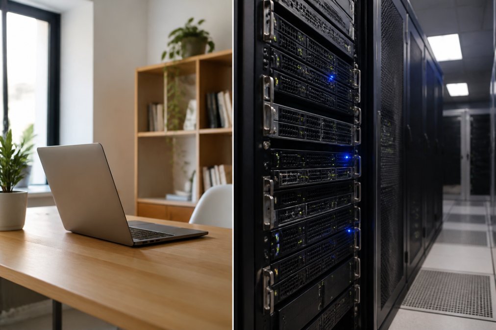 Ein Laptop auf einem Schreibtisch gegenüber einem Server-Rack veranschaulicht den Unterschied bei shared hosting vps.