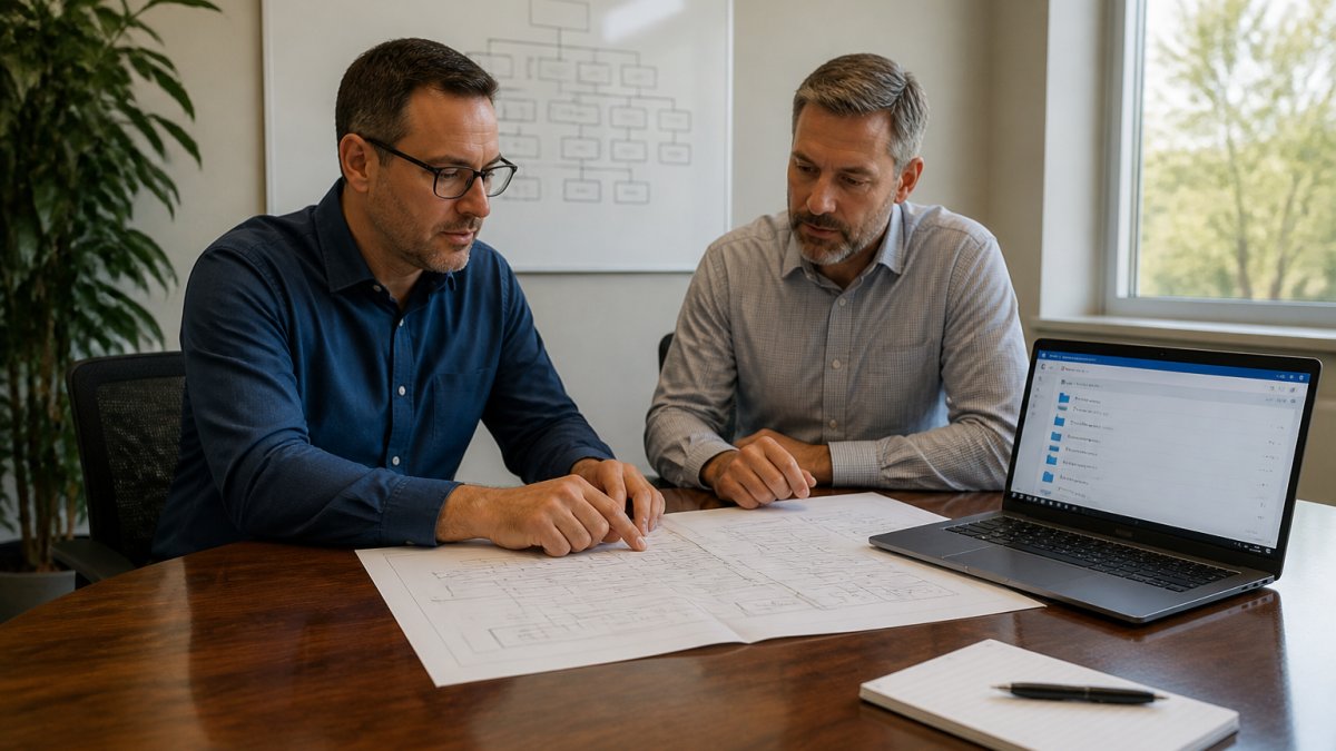 An IT manager and an external consultant reviewing a printed SharePoint site map on a conference table, laptop open to a document library, whiteboard showing site hierarchy behind them, natural office lighting