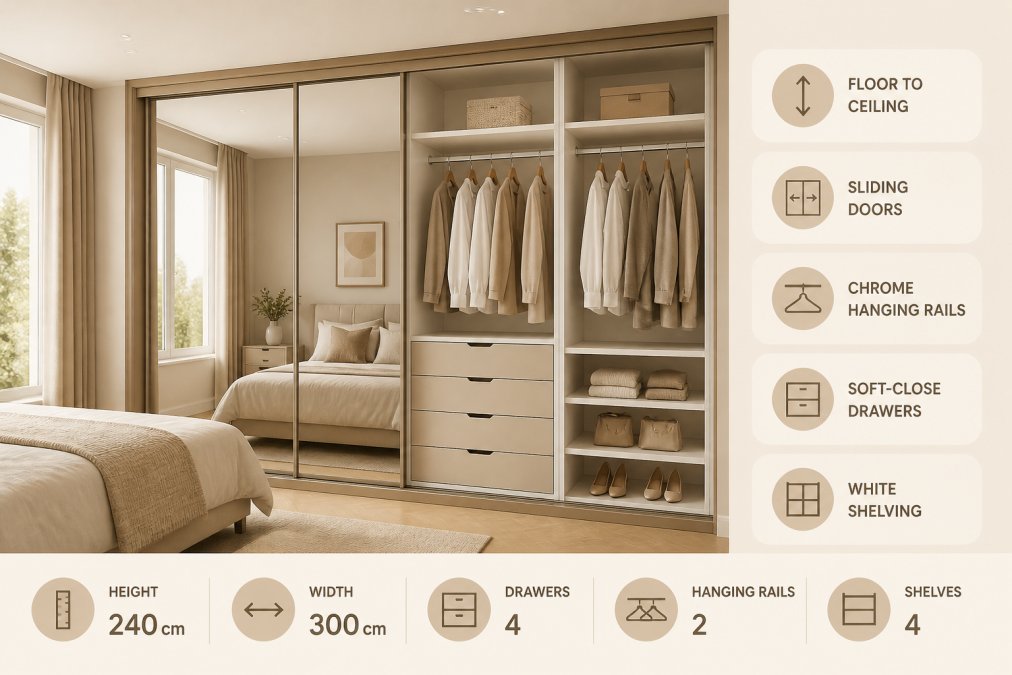 Modern bedroom with floor-to-ceiling fitted wardrobe featuring sliding mirrored doors, showing internal organisation with chrome hanging rails, soft-close drawers, and white shelving against neutral walls with natural daylight