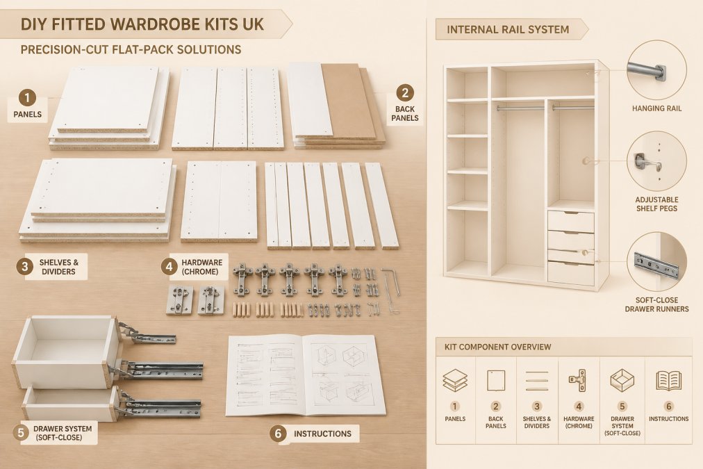Flat-packed wardrobe components laid out on a wooden floor, showing precision-cut MFC panels in white finish, chrome hardware, soft-close drawer mechanisms, assembly instructions, and internal rail systems with detailed labeling