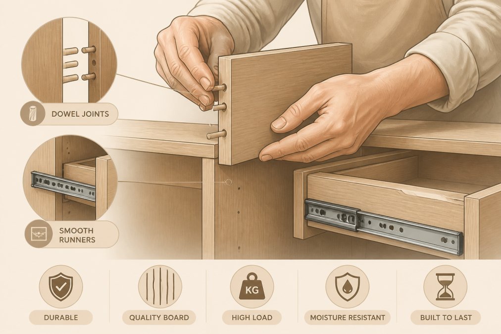 Close-up of professional craftsman's hands assembling high-quality wardrobe joinery, showing precise dowel joints and smooth internal drawer mechanisms with metal runners, natural workshop lighting