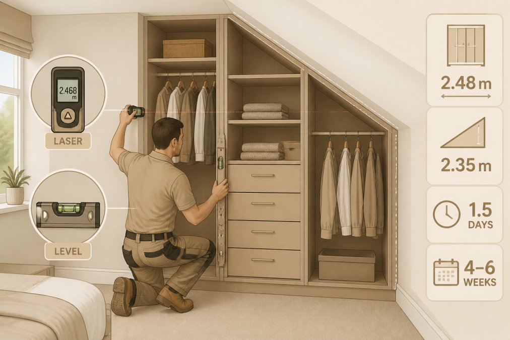 Professional wardrobe installer precisely measuring and fitting custom-built wardrobe into awkward bedroom alcove with sloping ceiling, using laser measure and level tools, showing detailed installation work in natural daylight