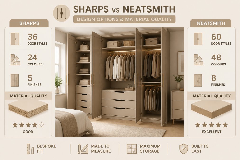 Modern bedroom with sleek fitted wardrobe installation showing interior organisation with shelves, hanging rails, and drawers in natural light, professional carpentry visible