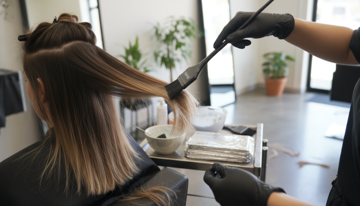 Hairstylist professionista che applica con un pennello il prodotto decolorante su ciocche di capelli castano scuro di una cliente seduta in salone, con illuminazione calda e professionale che evidenzia la tecnica a mano libera