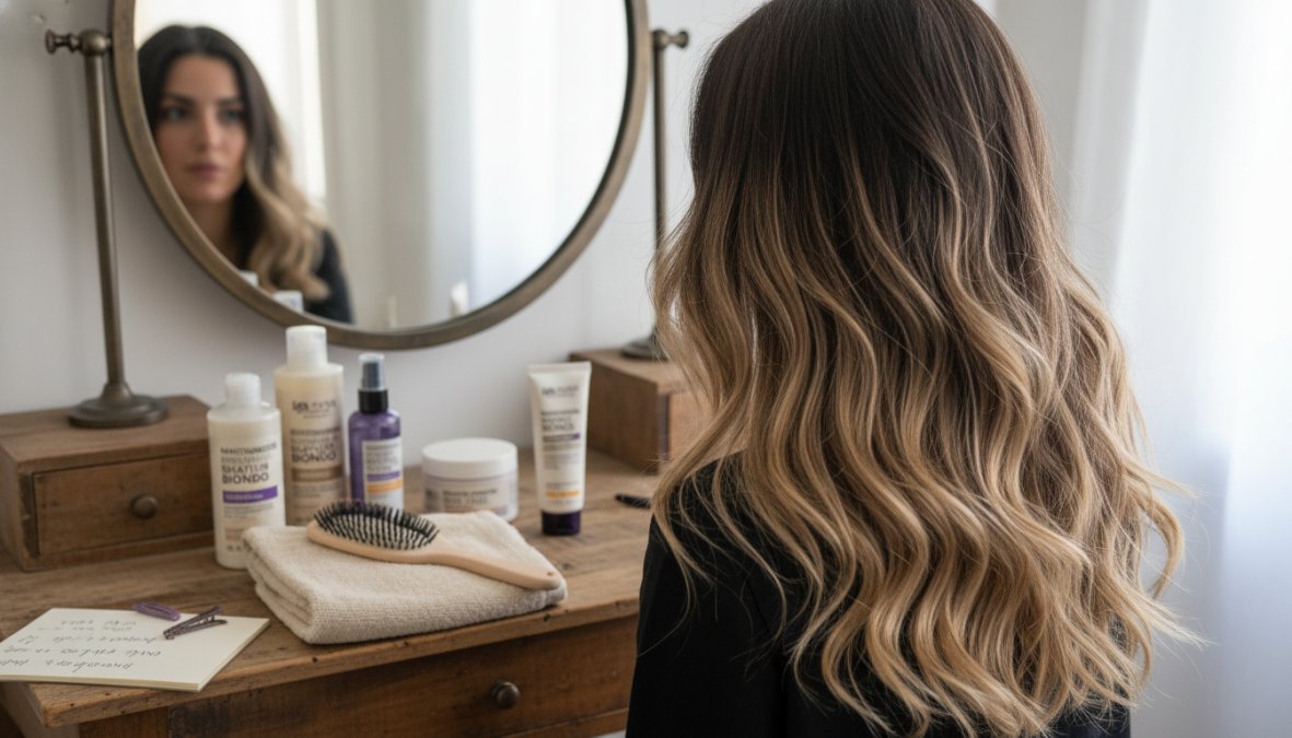 Donna con capelli castano scuro e shatush biondo luminoso fotografata in primo piano con luce naturale che esalta i riflessi dorati sulle lunghezze e sulle punte, sfondo neutro chiaro